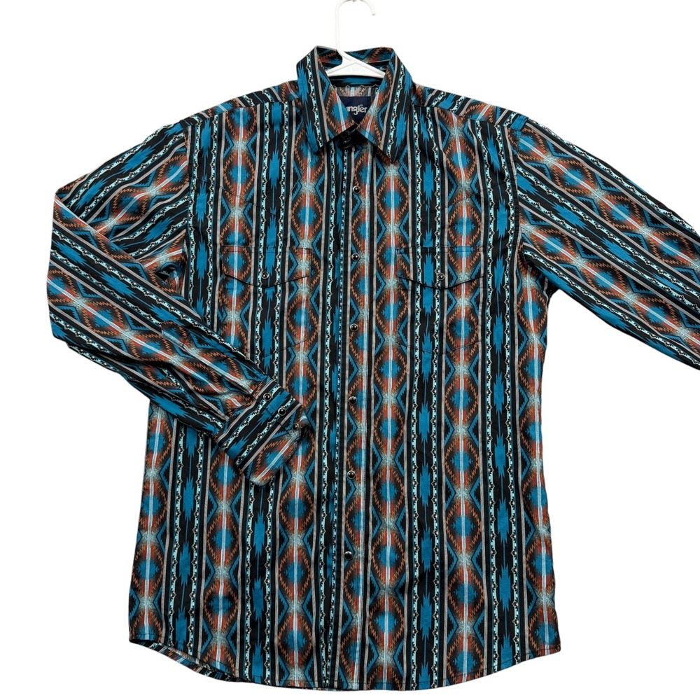 Wrangler Checotah Shirt Mens S Turquoise Aztec Western Pearl Snap  112367735